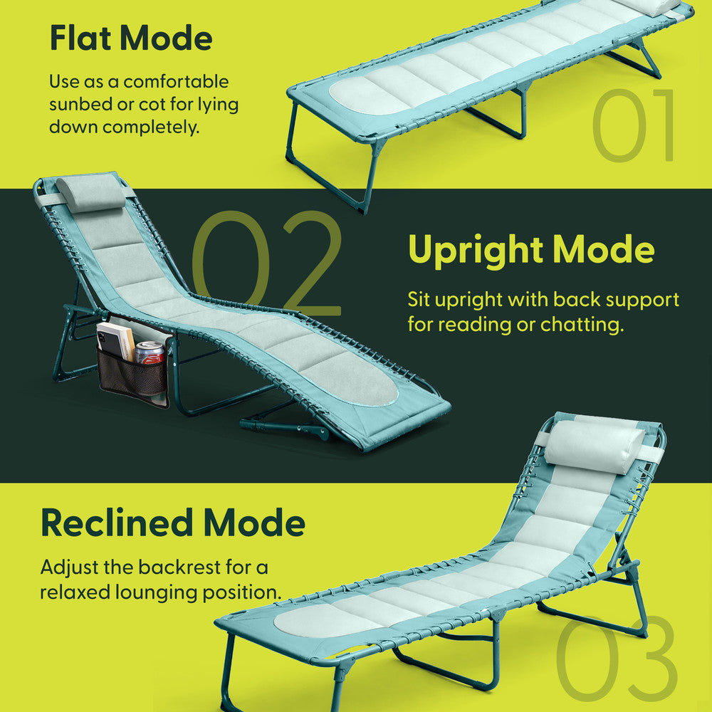 KEPLIN Foldable Sun Lounger Chair - Outdoor Garden Recliner with Color Block Design, 4 Position Adjustable Backrest, Padded 600D Oxford Fabric, Portable Patio Camping Deck Chair 110kg