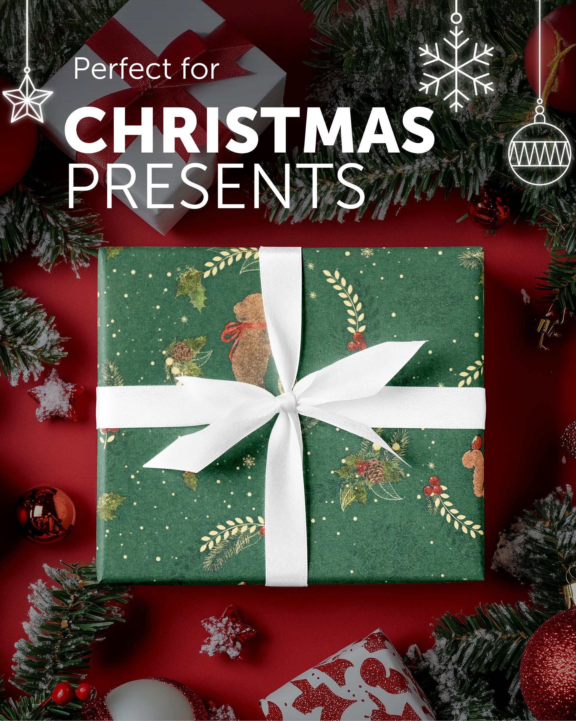 Kraft & Co 2 Pack Christmas Wrapping Paper Roll - Festive Designed Recyclable Kraft Paper, Perfect for Holiday Gifts, Arts & Crafts-Wrapping for a Merry Christmas (44.5cm x 25m)