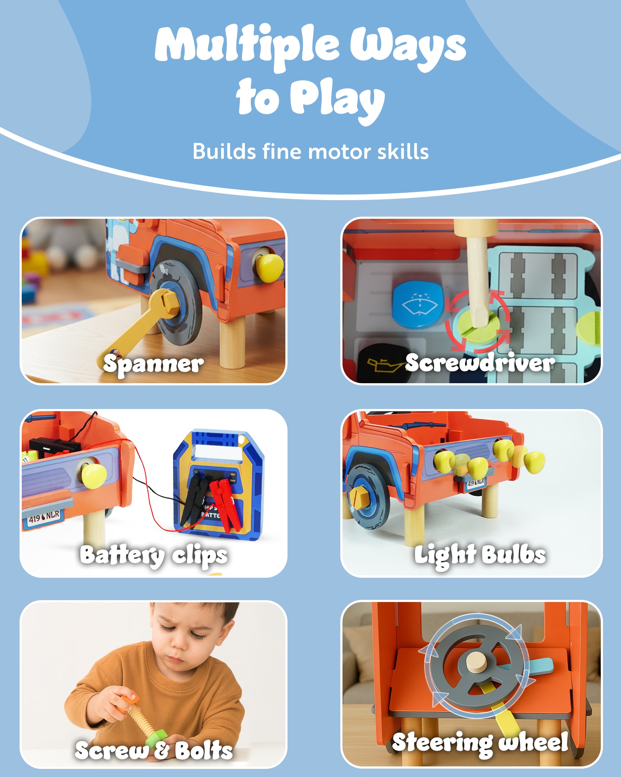 Bluey Wooden Tabletop Mechanic Set – 22 Piece Pretend Play Repair Tool Kit with Car Engine, Tools & Accessories – Compact & Portable Wooden Toy for Kids Ages 3+