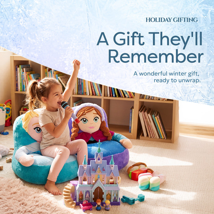 Disney Frozen Elsa and Anna sofa as a gift, girl singing with toy castle playset