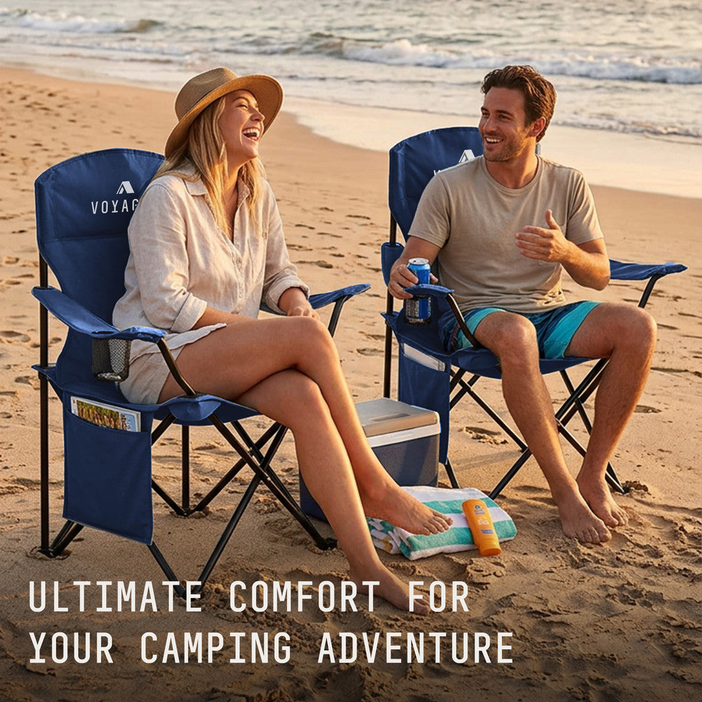 Lightweight navy folding camping chairs 2.7kg – easy to carry from car boot to campsite with shoulder strap