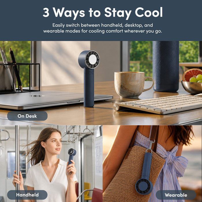 Handheld fan in 3 use modes – on desk, handheld and wearable clip-on
