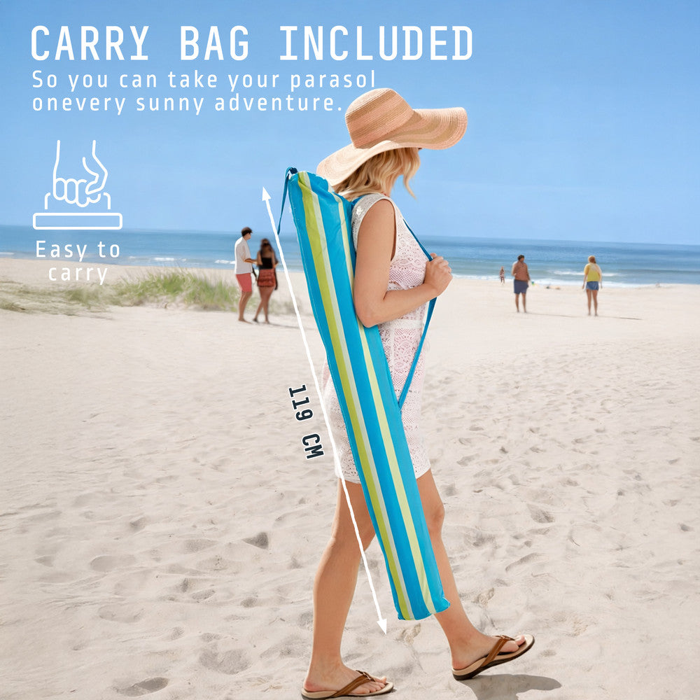Portable beach umbrella folded with carrying bag – compact travel sun parasol 2m, blue stripe, UK