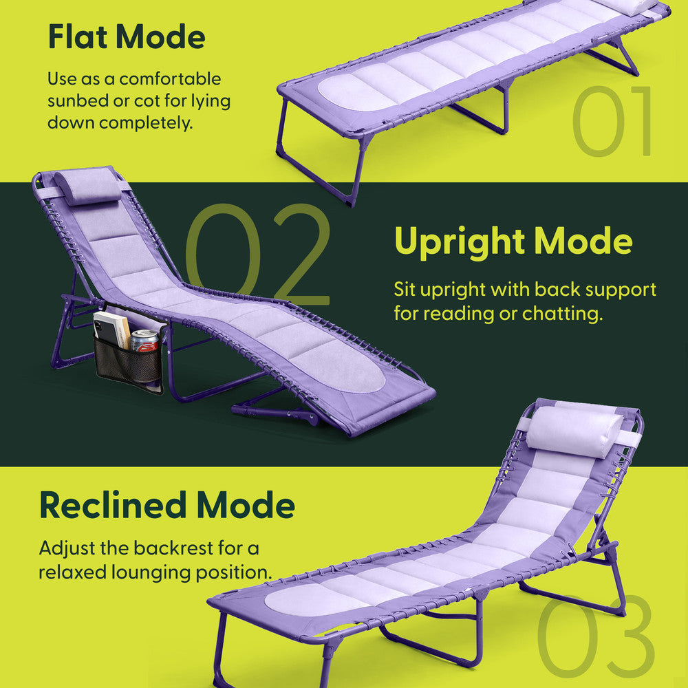 KEPLIN Foldable Sun Lounger Chair - Outdoor Garden Recliner with Color Block Design, 4 Position Adjustable Backrest, Padded 600D Oxford Fabric, Portable Patio Camping Deck Chair 110kg