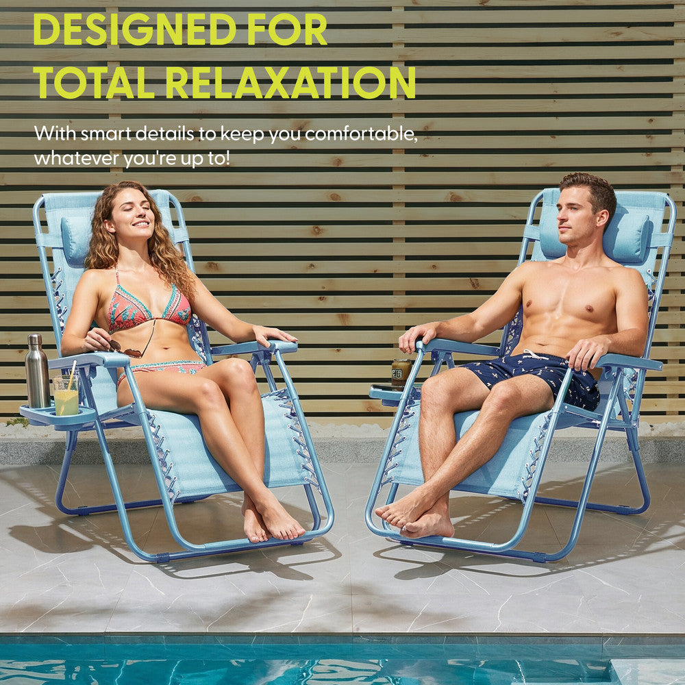 KEPLIN Set of 2 Heavy Duty Monocolour and Basic Textoline Zero Gravity Chairs for Garden Light Reclining Patio Sun loungers Easy to Clean Adjustable Head Rest Foldable with Cup & Phone Holder