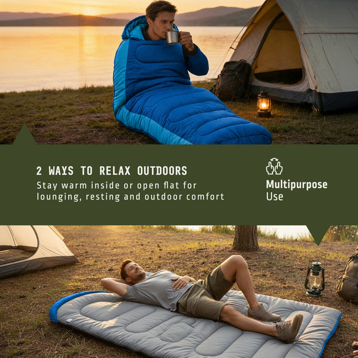 Ocean Haze sleeping bag at campsite – lightweight adults camping bag for backpacking adventures UK