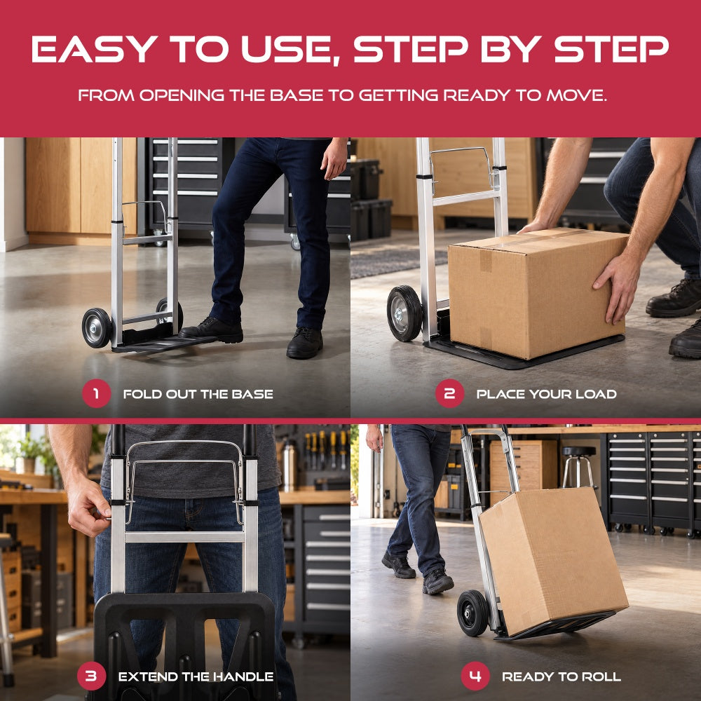 Four steps to use the Haltons hand truck: fold out the base and place your load and extend the handle and roll