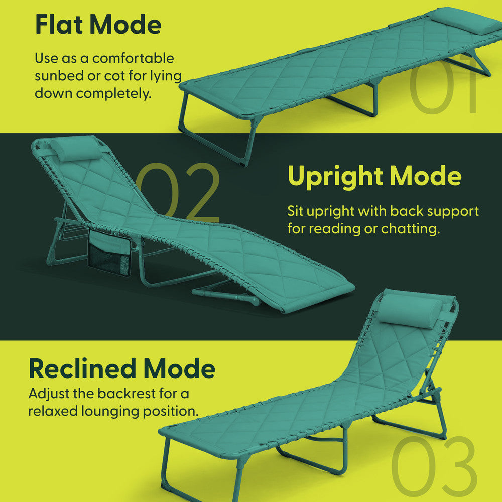 Teal Folding Garden Sun Lounger with Headrest – Quilted Padded Outdoor Recliner UK