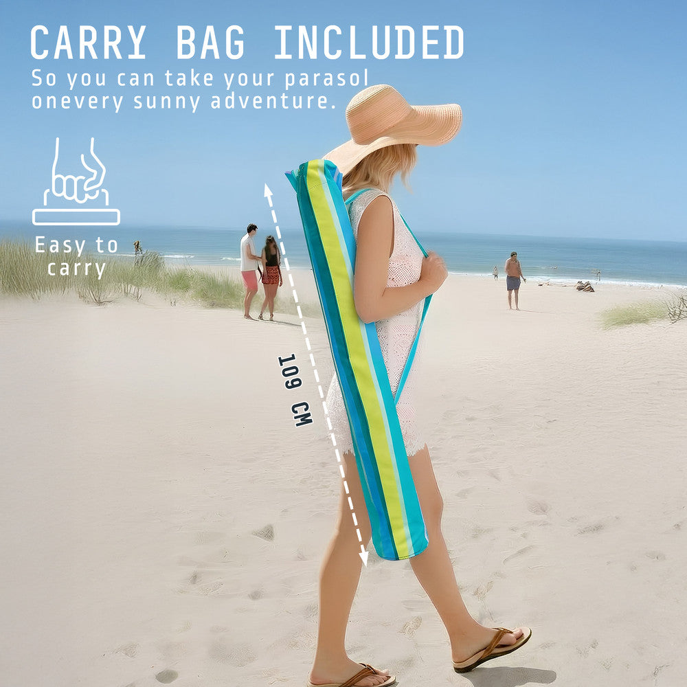 Striped beach umbrella folded with carry bag – compact portable 1.6m Voyager travel parasol, UK