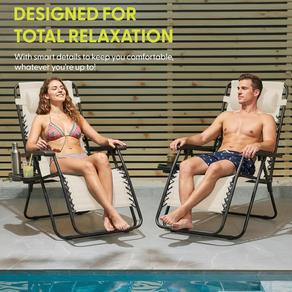 KEPLIN Set of 2 Heavy Duty Monocolour and Basic Textoline Zero Gravity Chairs for Garden Light Reclining Patio Sun loungers Easy to Clean Adjustable Head Rest Foldable with Cup & Phone Holder