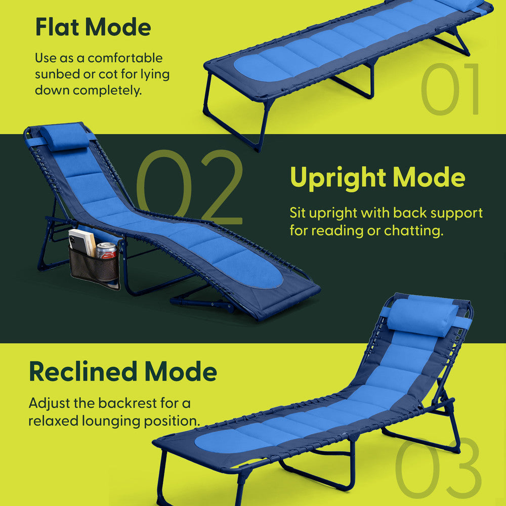 Navy Padded Folding Sun Lounger with Pillow – 110kg Capacity Steel Frame Outdoor Garden Recliner
