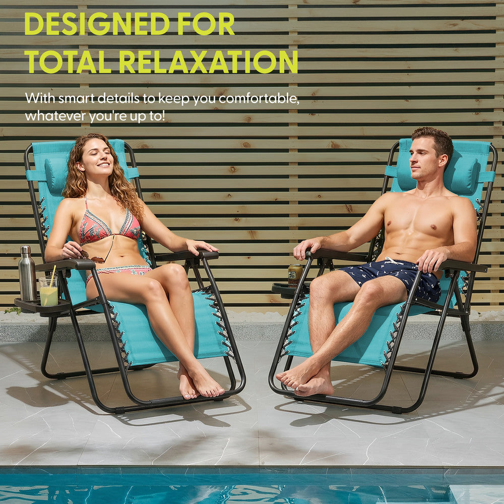 KEPLIN Set of 2 Heavy Duty Monocolour and Basic Textoline Zero Gravity Chairs for Garden Light Reclining Patio Sun loungers Easy to Clean Adjustable Head Rest Foldable with Cup & Phone Holder