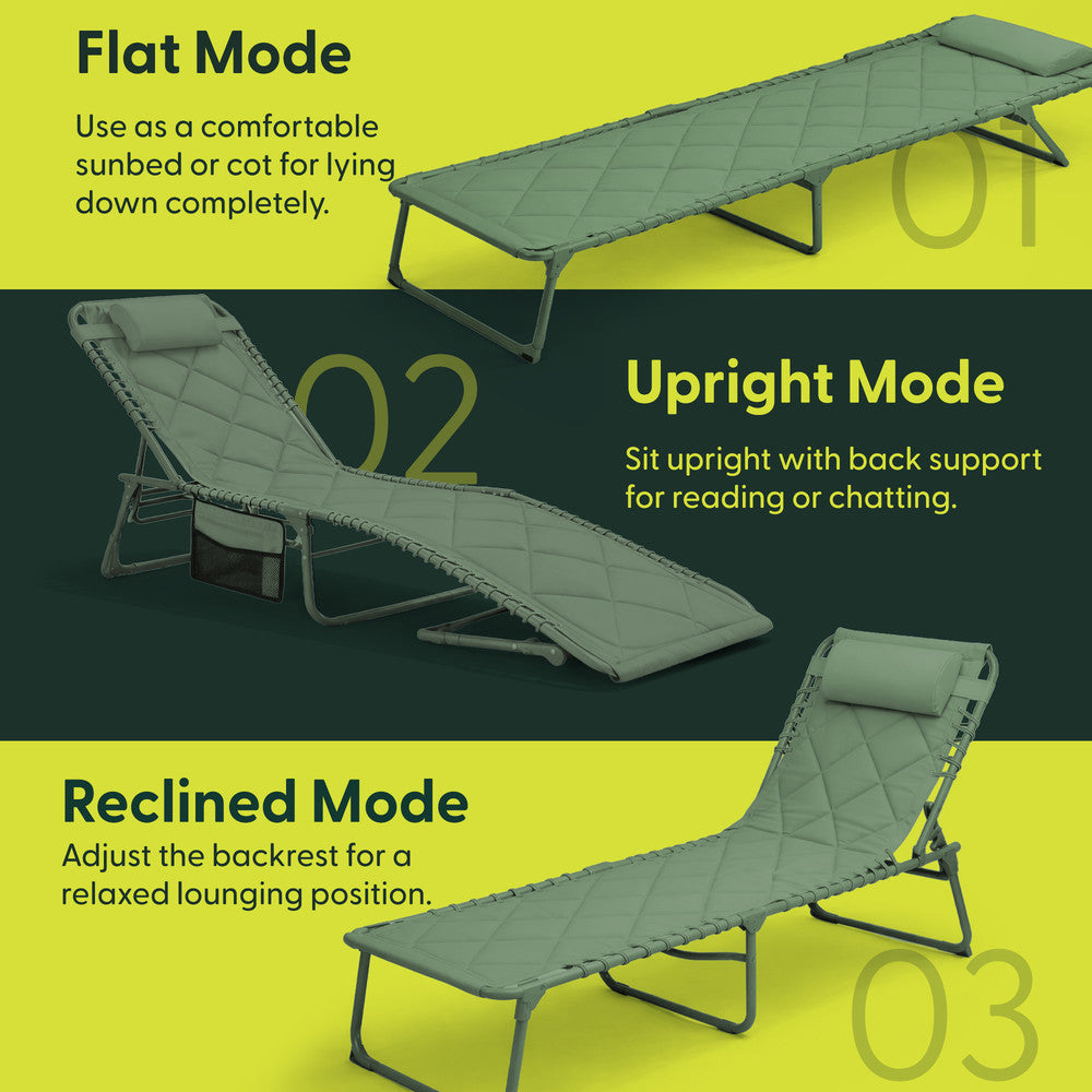Green Folding Outdoor Sun Lounger with Headrest – 110kg Capacity Garden Recliner Chair