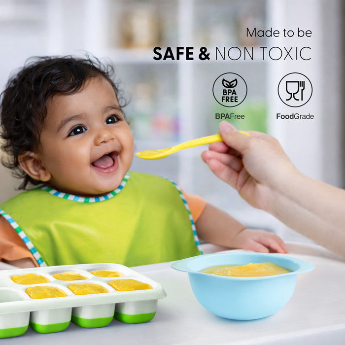 BPA-free food-grade Keplin green silicone ice cube tray used for baby weaning puree, safe non-toxic freezer mould