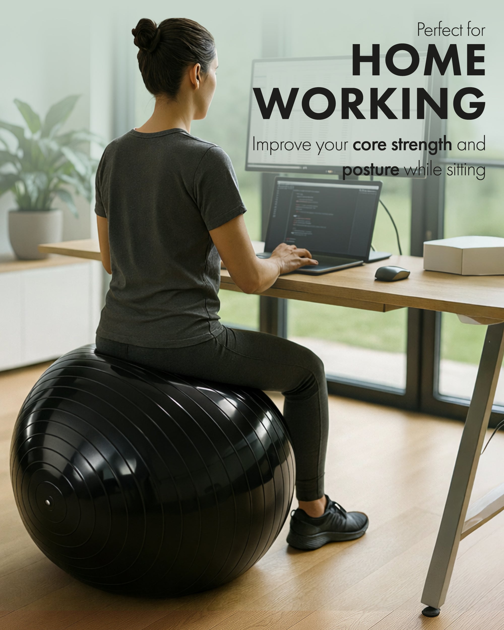 KAYMAN Exercise Ball - Anti-Burst System, Non-Slip Rings, Durable Material, Easy to Inflate, Ideal for Yoga, Pilates, Fitness, Balance Training, Gym, and Home Workouts