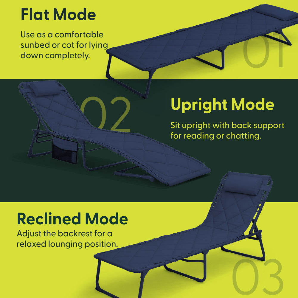 Navy Folding Garden Recliner Chair with Headrest – Quilted 600D Oxford Sun Lounger UK