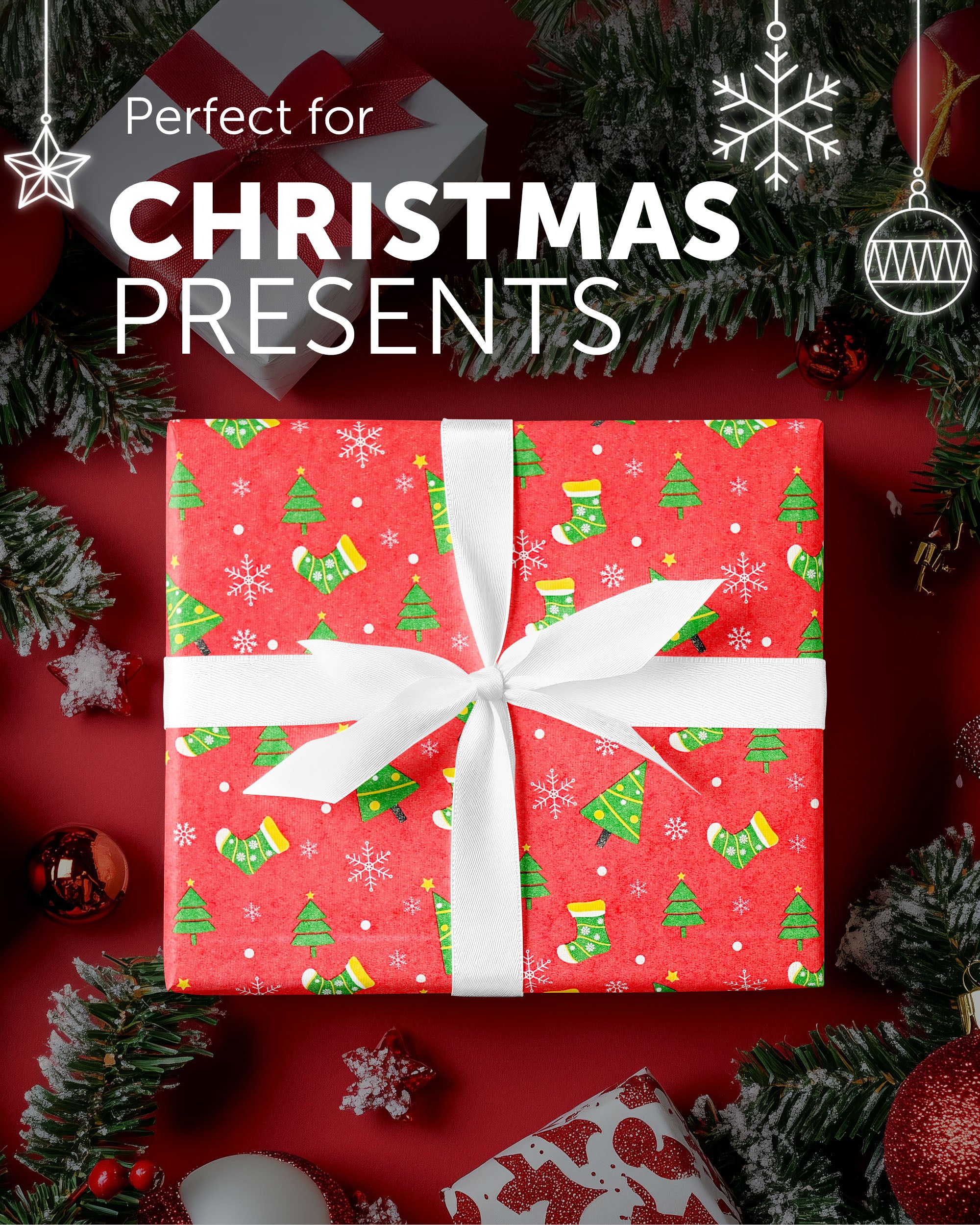 Kraft & Co 2 Pack Christmas Wrapping Paper Roll - Festive Designed Recyclable Kraft Paper, Perfect for Holiday Gifts, Arts & Crafts-Wrapping for a Merry Christmas (44.5cm x 25m)