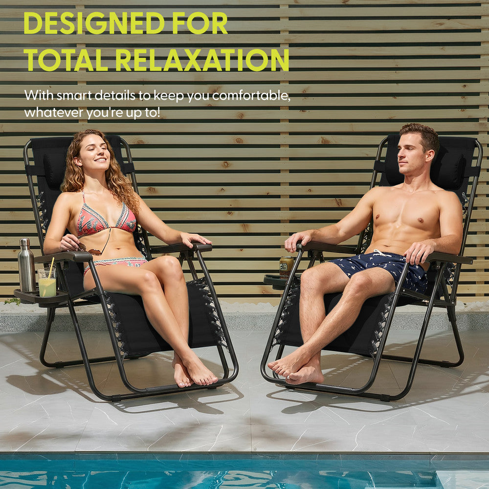 KEPLIN Set of 2 Heavy Duty Monocolour and Basic Textoline Zero Gravity Chairs for Garden Light Reclining Patio Sun loungers Easy to Clean Adjustable Head Rest Foldable with Cup & Phone Holder