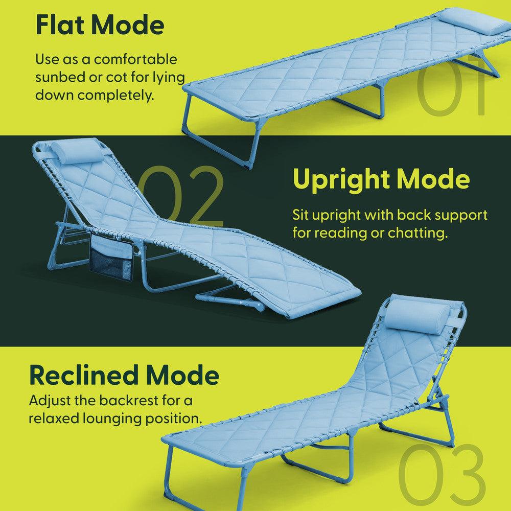 Blue Folding Garden Sun Lounger with Headrest – 110kg Capacity Quilted Outdoor Lounger