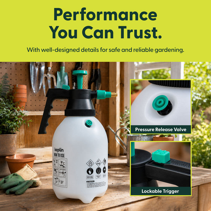 2L pump action garden sprayer with pressure release valve and lockable trigger detail close-up