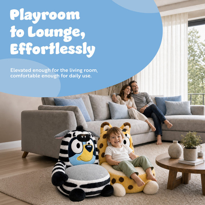 Family living room with a child sitting in a Bluey plush sofa chair