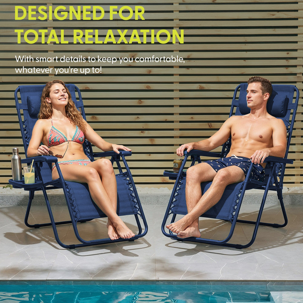 KEPLIN Set of 2 Heavy Duty Monocolour and Basic Textoline Zero Gravity Chairs for Garden Light Reclining Patio Sun loungers Easy to Clean Adjustable Head Rest Foldable with Cup & Phone Holder