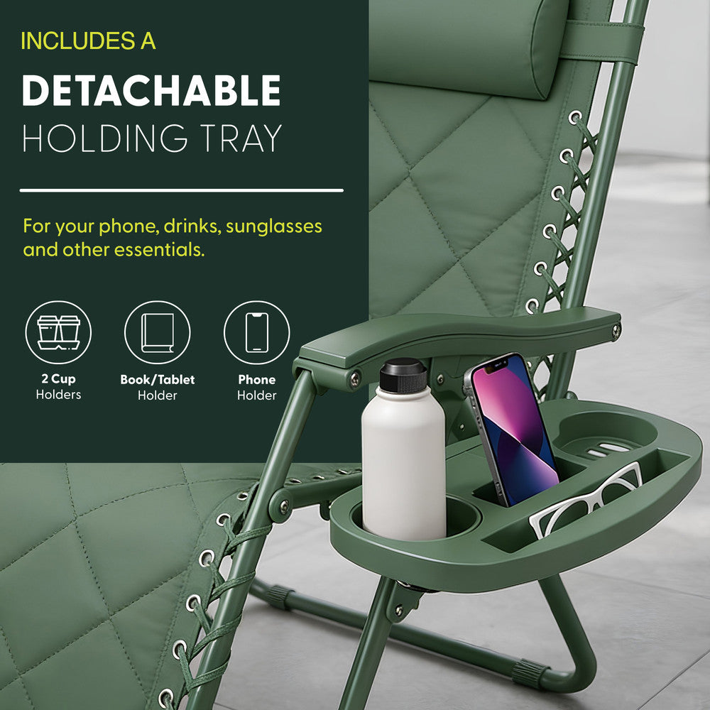 KEPLIN Set of 2 XXL Premium Heavy Duty Quilted Zero Gravity Chairs - Luxurious Garden Recliners, Adjustable Headrest, Cup & Phone Holder, Foldable, Easy to Clean Patio Sun Loungers
