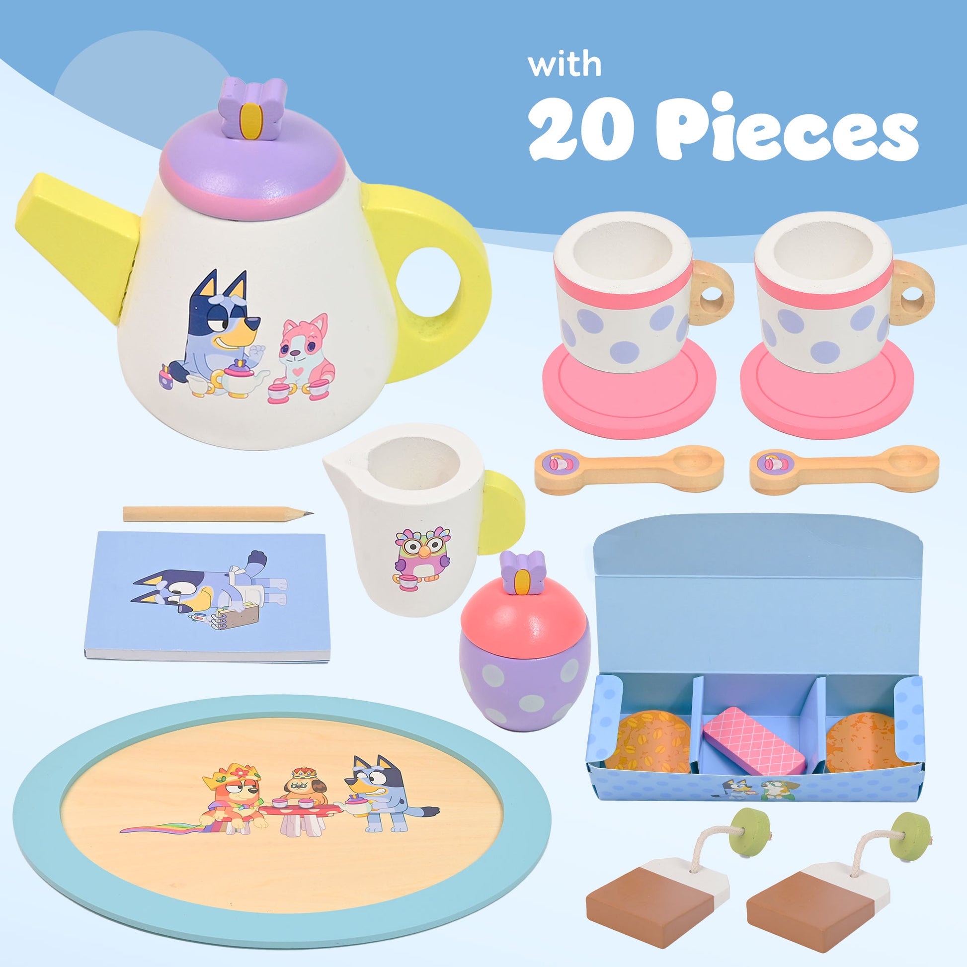 Bluey 18-piece wooden tea set – durable FSC certified toy for imaginative play at home UK