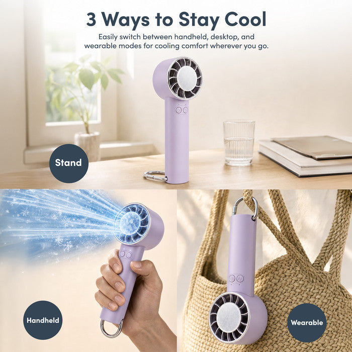 Handheld fan in 3 use modes – on desk, handheld and wearable clip-on