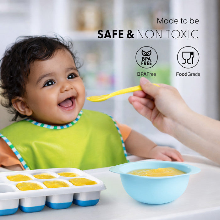 BPA-free food-grade Keplin blue and green silicone ice cube tray used for baby weaning puree, safe non-toxic freezer mould