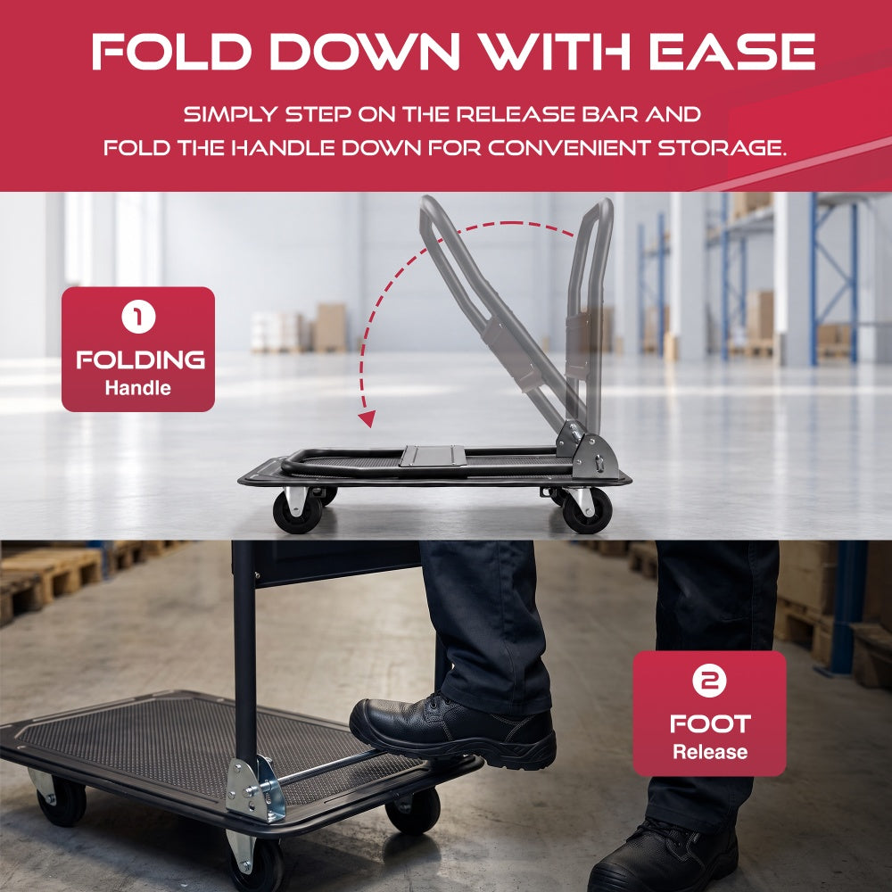 Foot stepping on the release bar to fold the handle of the Haltons platform trolley down flat