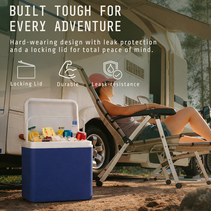 Durable 30L cool box with locking lid and leak-resistant design for camping