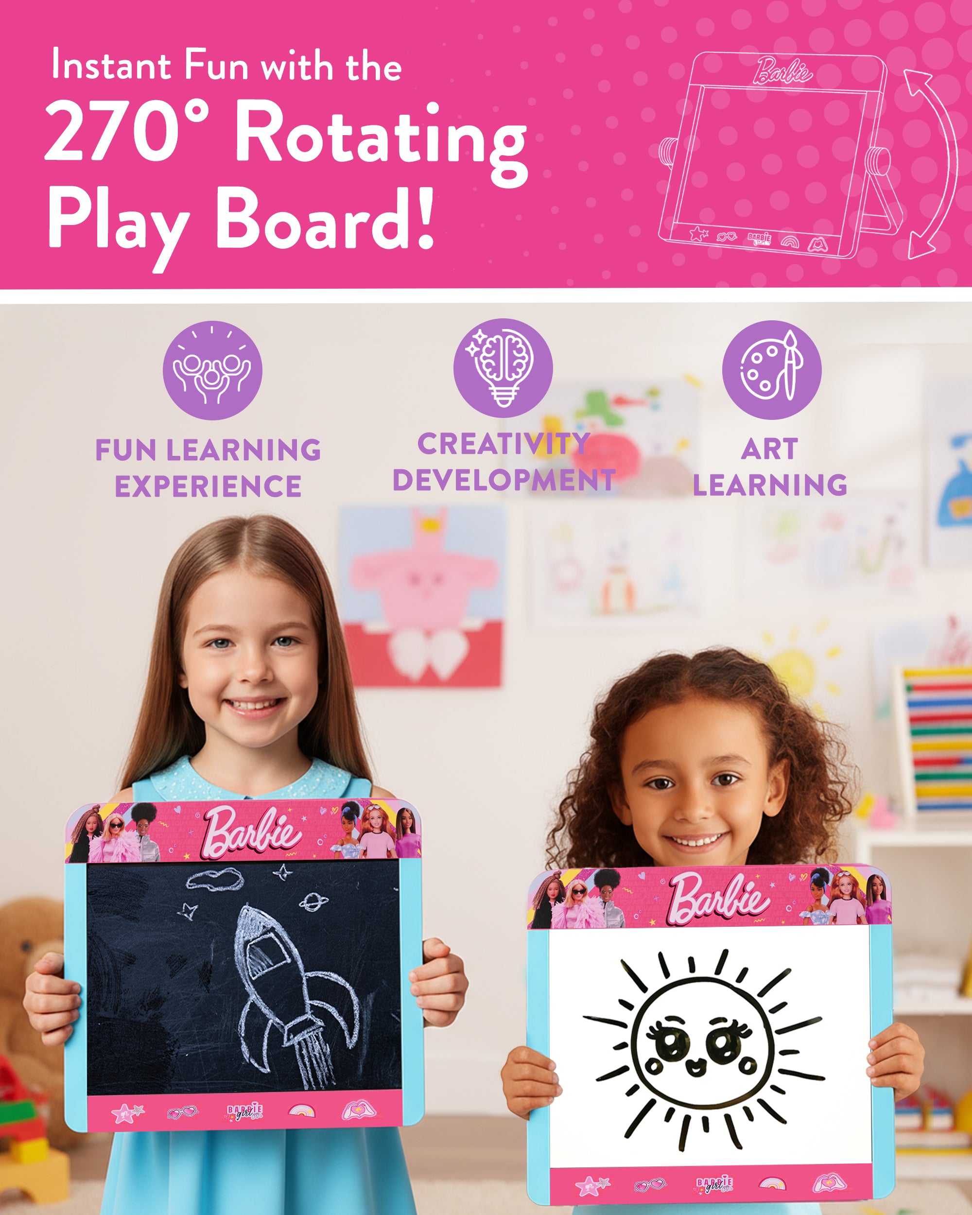 Barbie Tabletop Easel – Double Sided Blackboard & Whiteboard with Pen, Eraser & Chalk – Kids Drawing Art Board – Wooden Easel for Creative Play