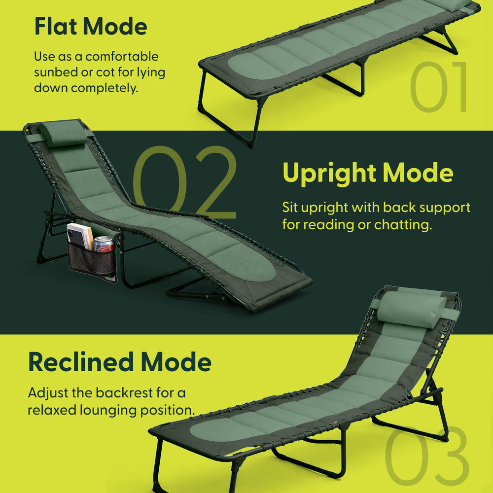 Green Padded Folding Sun Lounger with Pillow – Lightweight 6.5kg Outdoor Garden Recliner UK