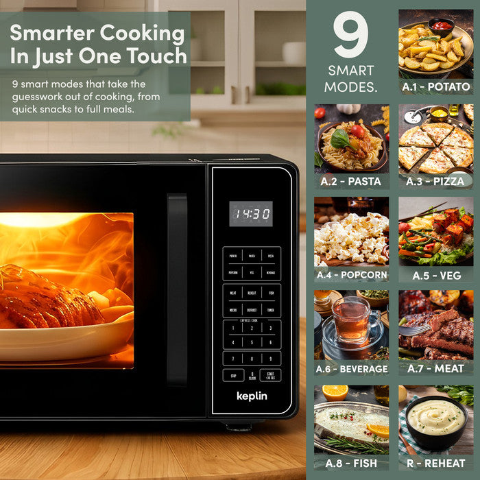 Black microwave with 8 auto-cook smart modes – potato, pasta, pizza, popcorn, veg, beverage, meat, fish, reheat