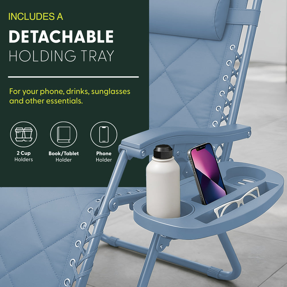 KEPLIN Set of 2 XXL Premium Heavy Duty Quilted Zero Gravity Chairs - Luxurious Garden Recliners, Adjustable Headrest, Cup & Phone Holder, Foldable, Easy to Clean Patio Sun Loungers