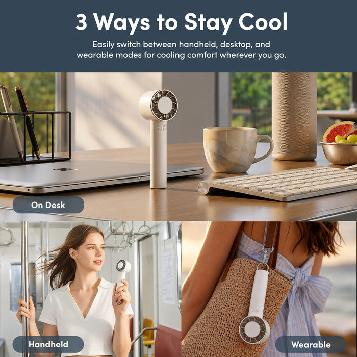 Handheld fan in 3 use modes – on desk, handheld and wearable clip-on
