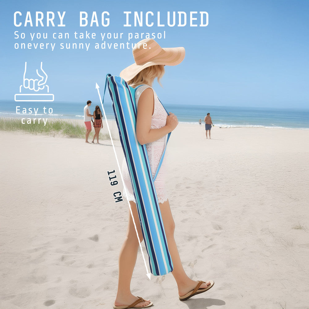 Portable beach umbrella folded with carrying bag – compact travel sun parasol 2m, blue stripe, UK