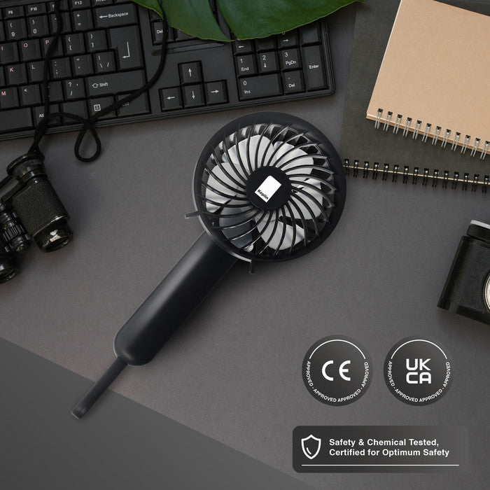 Keplin black portable handheld fan with CE and UKCA safety certification, safety and chemical tested
