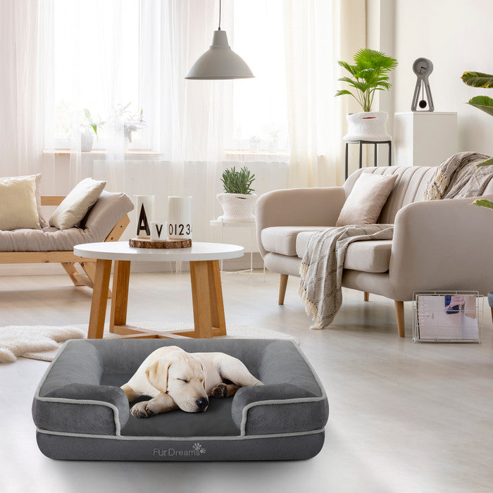 FurDreams Luxury Pet Sofa Bed – Extra Padded Orthopedic Memory Foam Mattress with Non-Slip Base, Removable Washable Flannel Cover – Plush Grey Design (70x57x17cm)
