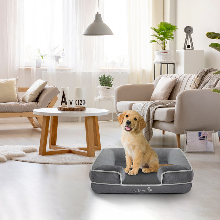 FurDreams Luxury Pet Sofa Bed – Extra Padded Orthopedic Memory Foam Mattress with Non-Slip Base, Removable Washable Flannel Cover – Plush Grey Design (70x57x17cm)