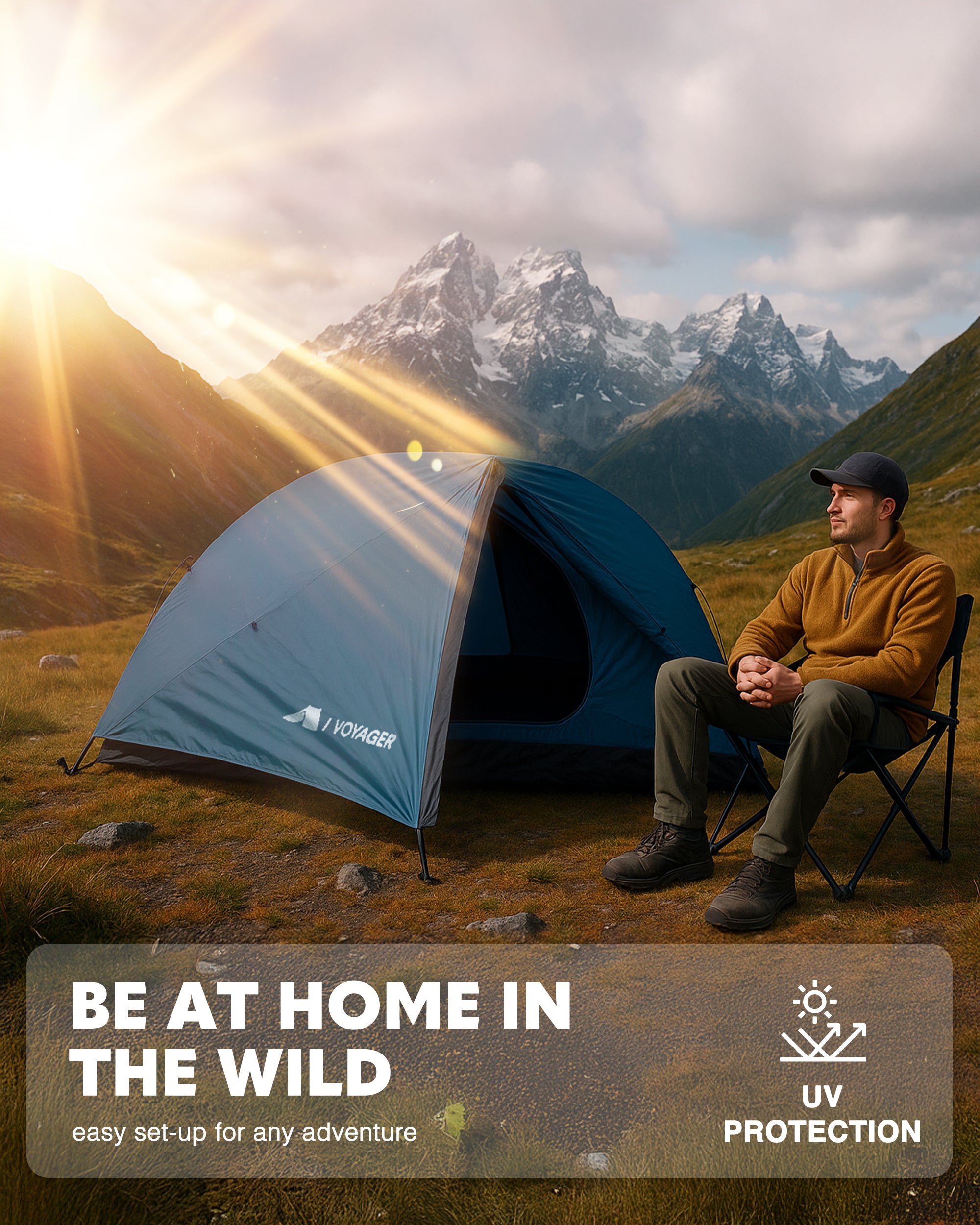 Voyager 2 Man Tent - Waterproof, Windproof, Quick Setup, Spacious 2-Person Camping Tent, Durable, Lightweight Outdoor Shelter, Ideal for Hiking, Backpacking, Camping - 225x135x110cm