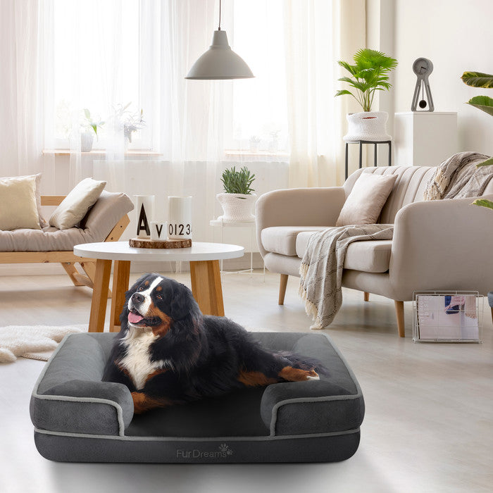FurDreams Luxury Pet Sofa Bed – Extra Padded Orthopedic Memory Foam Mattress with Non-Slip Base, Removable Washable Flannel Cover – Plush Grey Design (70x57x17cm)