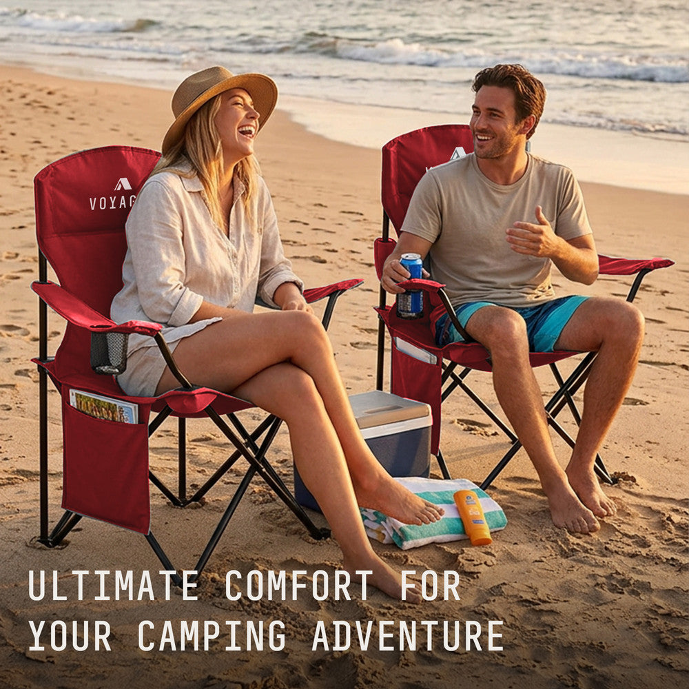 Lightweight red folding camping chairs 2.7kg – easy to carry from car boot to campsite with shoulder strap