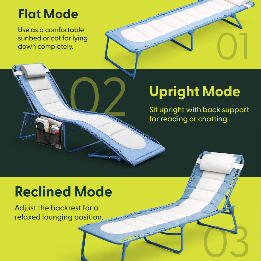 Blue Padded Folding Sun Lounger with Pillow – 110kg Capacity Steel Frame Garden Recliner UK