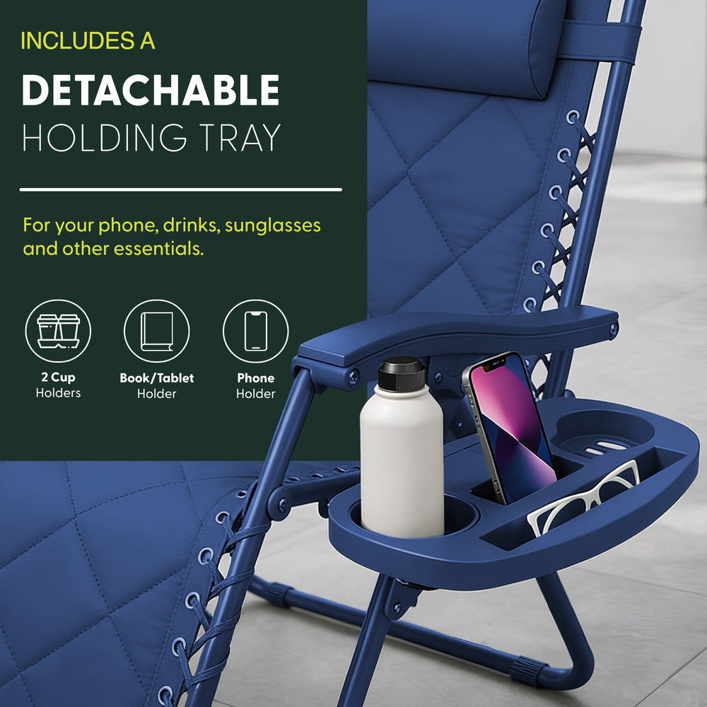 KEPLIN Set of 2 XXL Premium Heavy Duty Quilted Zero Gravity Chairs - Luxurious Garden Recliners, Adjustable Headrest, Cup & Phone Holder, Foldable, Easy to Clean Patio Sun Loungers