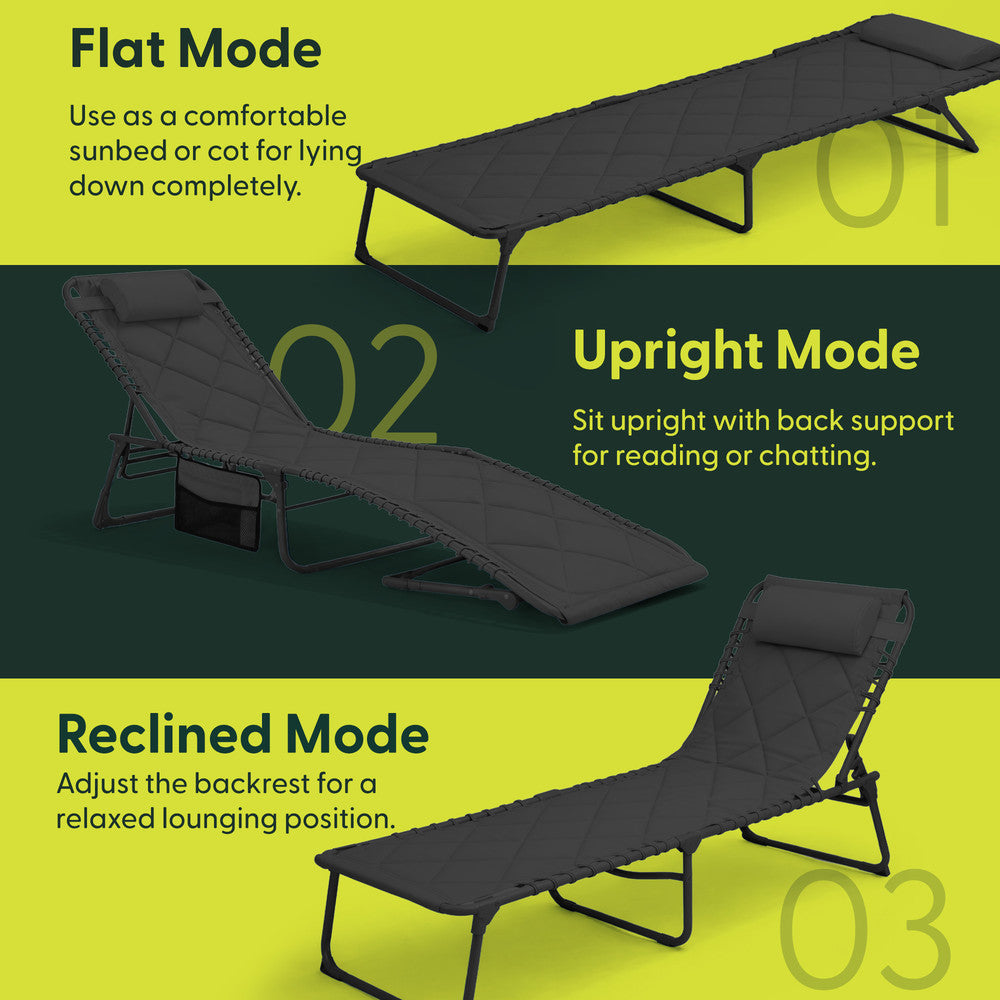 Dark Grey Folding Garden Sun Lounger with Headrest – Keplin 110kg Capacity Outdoor Lounger