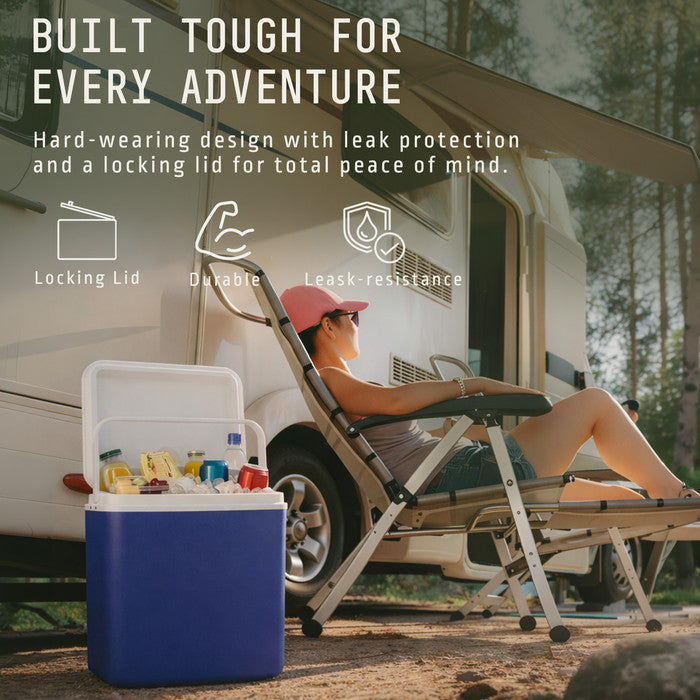 Durable 24L cool box with locking lid and leak-resistant design for camping