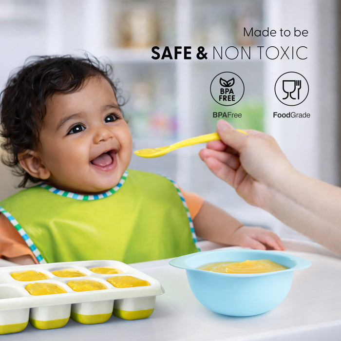 BPA-free food-grade Keplin yellow silicone ice cube tray used for baby weaning puree, safe non-toxic freezer mould