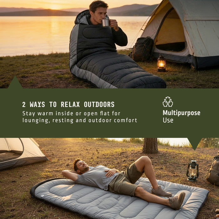 Black sleeping bag at campsite – durable adults camping sleeping bag for UK outdoor adventures